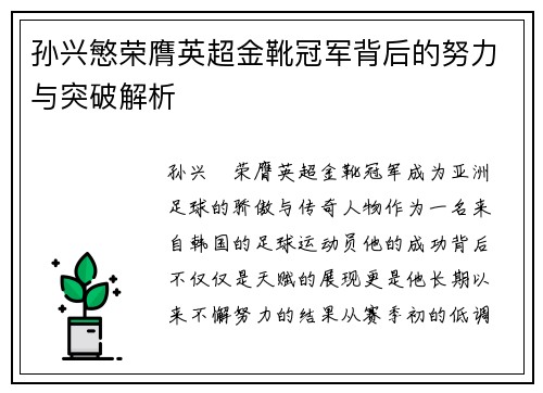 孙兴慜荣膺英超金靴冠军背后的努力与突破解析