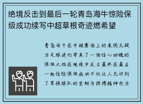 绝境反击到最后一轮青岛海牛惊险保级成功续写中超草根奇迹燃希望